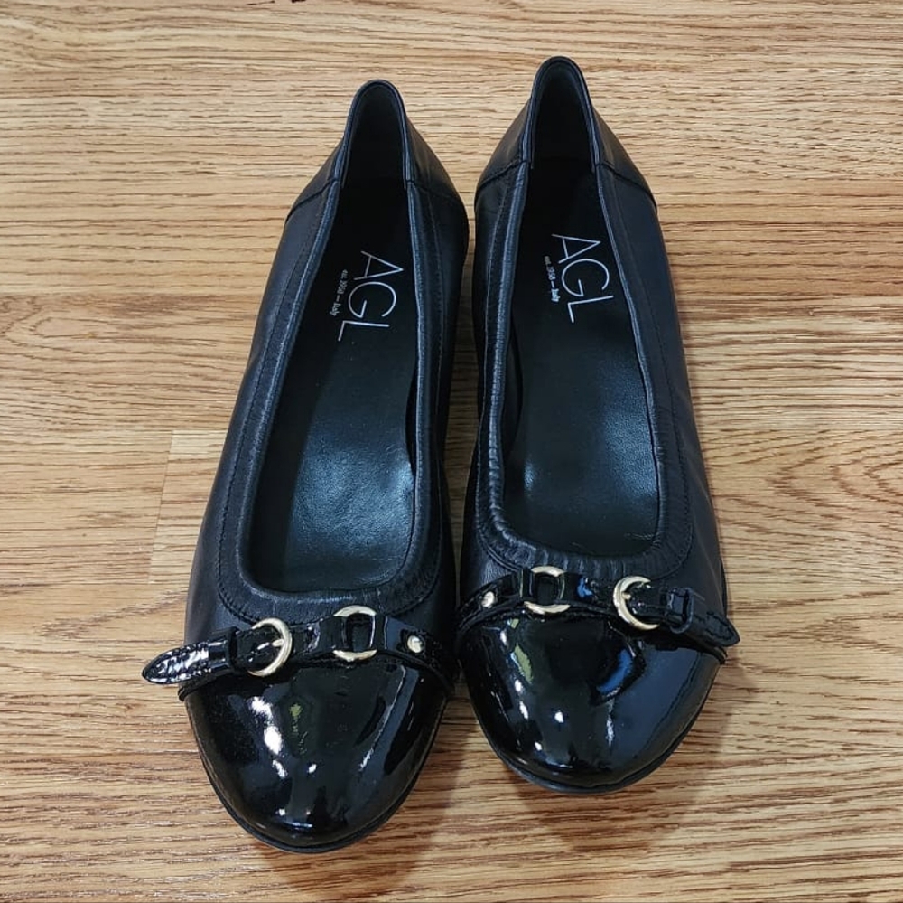 AGL Black Patent Leather Flats with Gold Accents